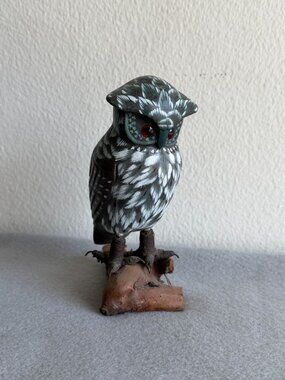 Hand-Carved Wooden Owl Figurine With Realistic Painted Feathers On Natural Wood